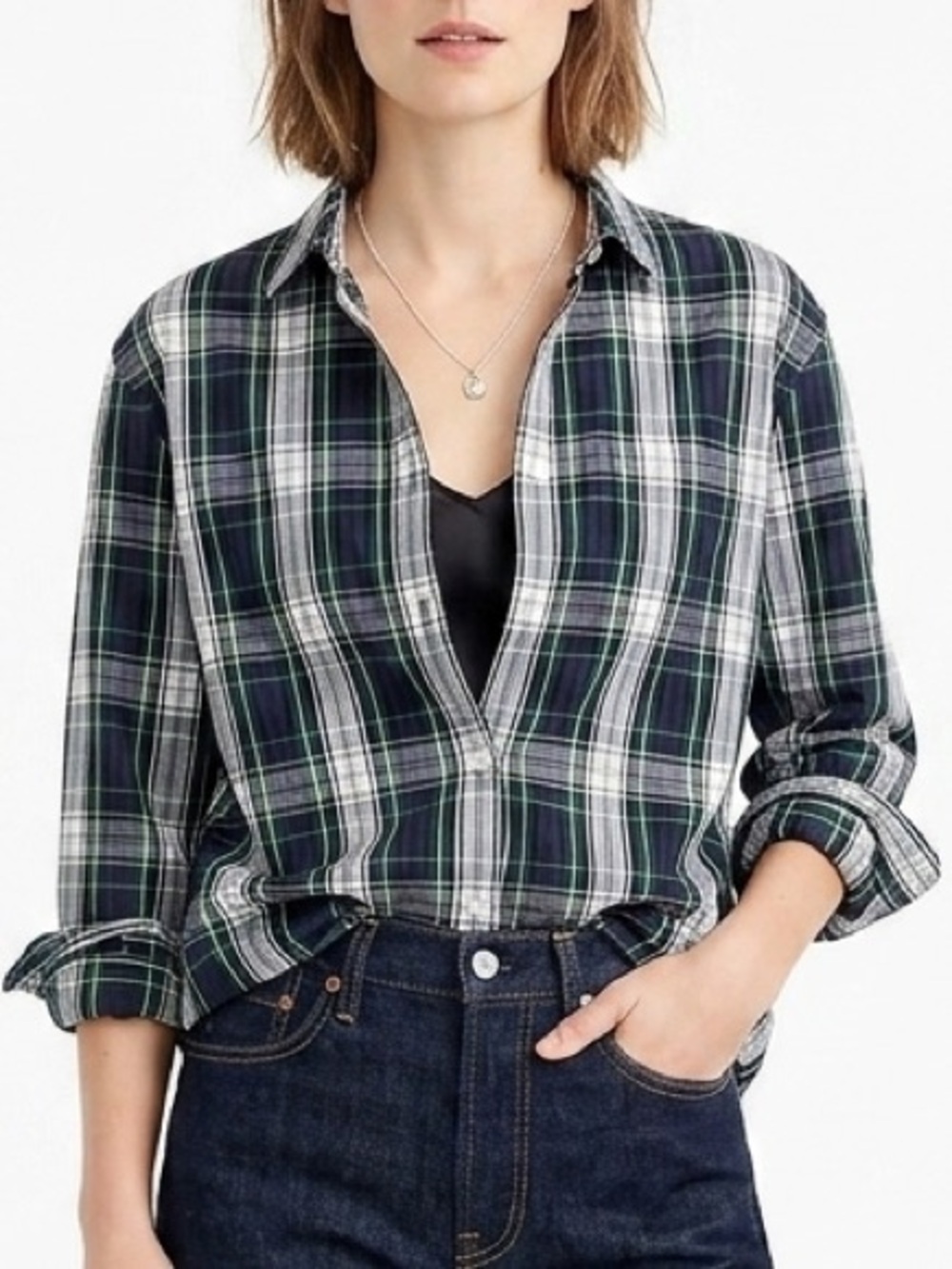 J. Crew Green and Navy Plaid Button-Down Shirt Cotton Fitted Sz XXS